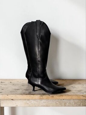 Steven New York Britt Black Vegan Leather Western Kitten Heel Boots Size 5.5